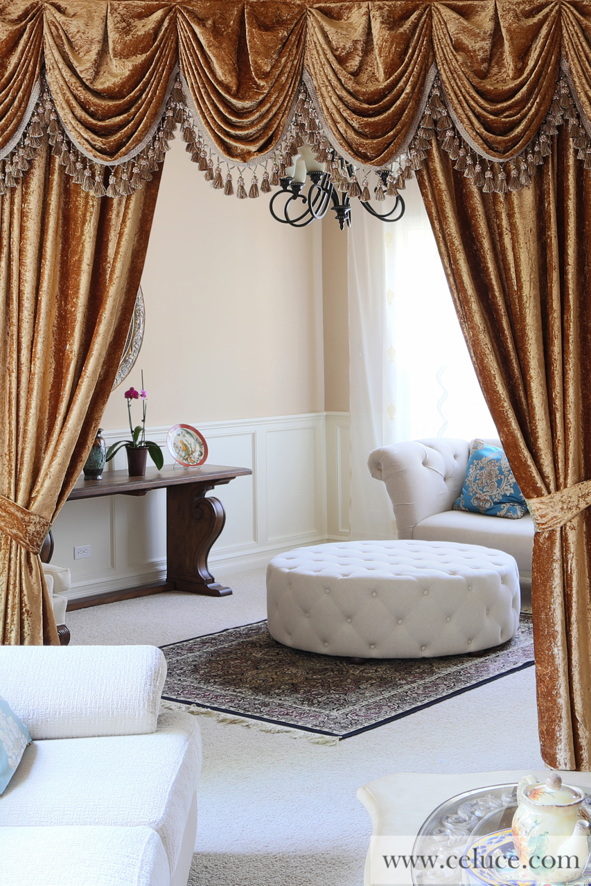 Gold Velvet Pleated Austrian Style Swag Valance draperies